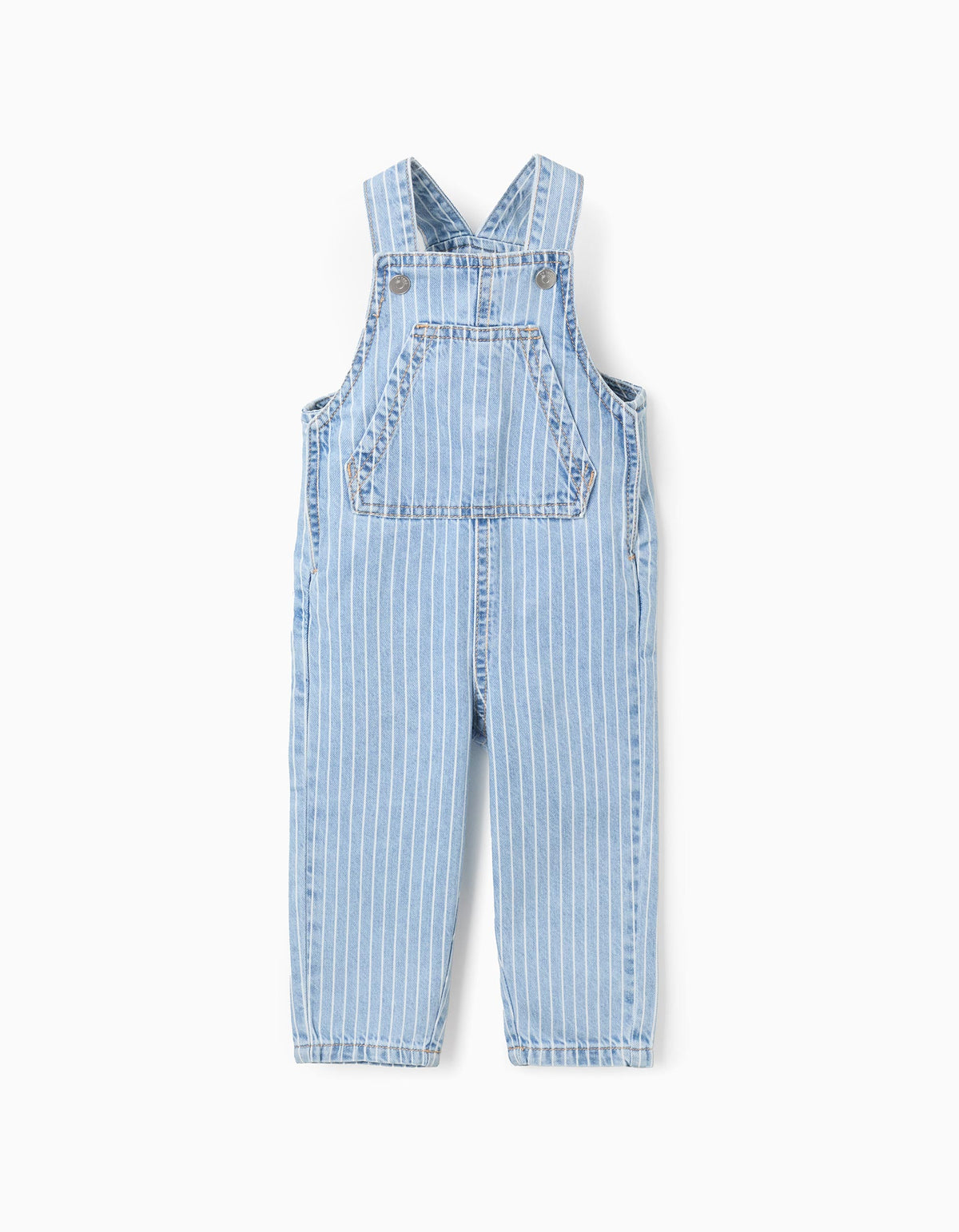 Overol bebé denim claro rayado tirantes ajustables bolsillos