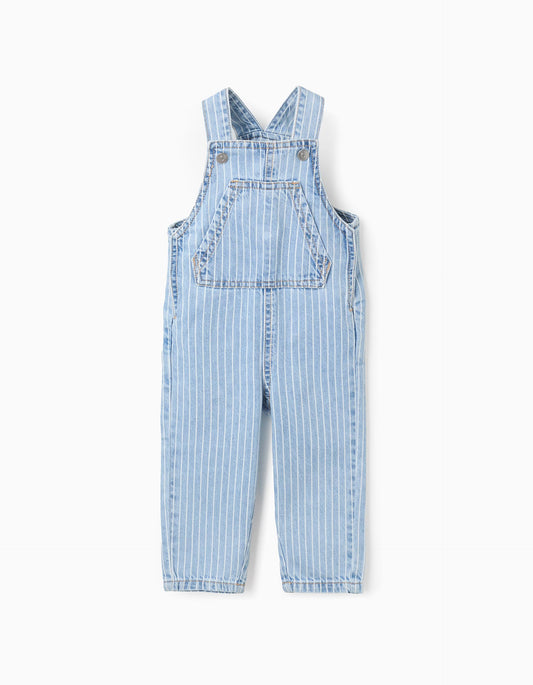 Overol bebé denim claro rayado tirantes ajustables bolsillos