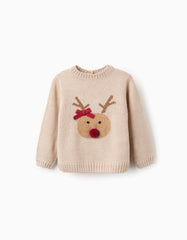 Saco tricot navideño beige para bebé con venado 3D 6‑36M