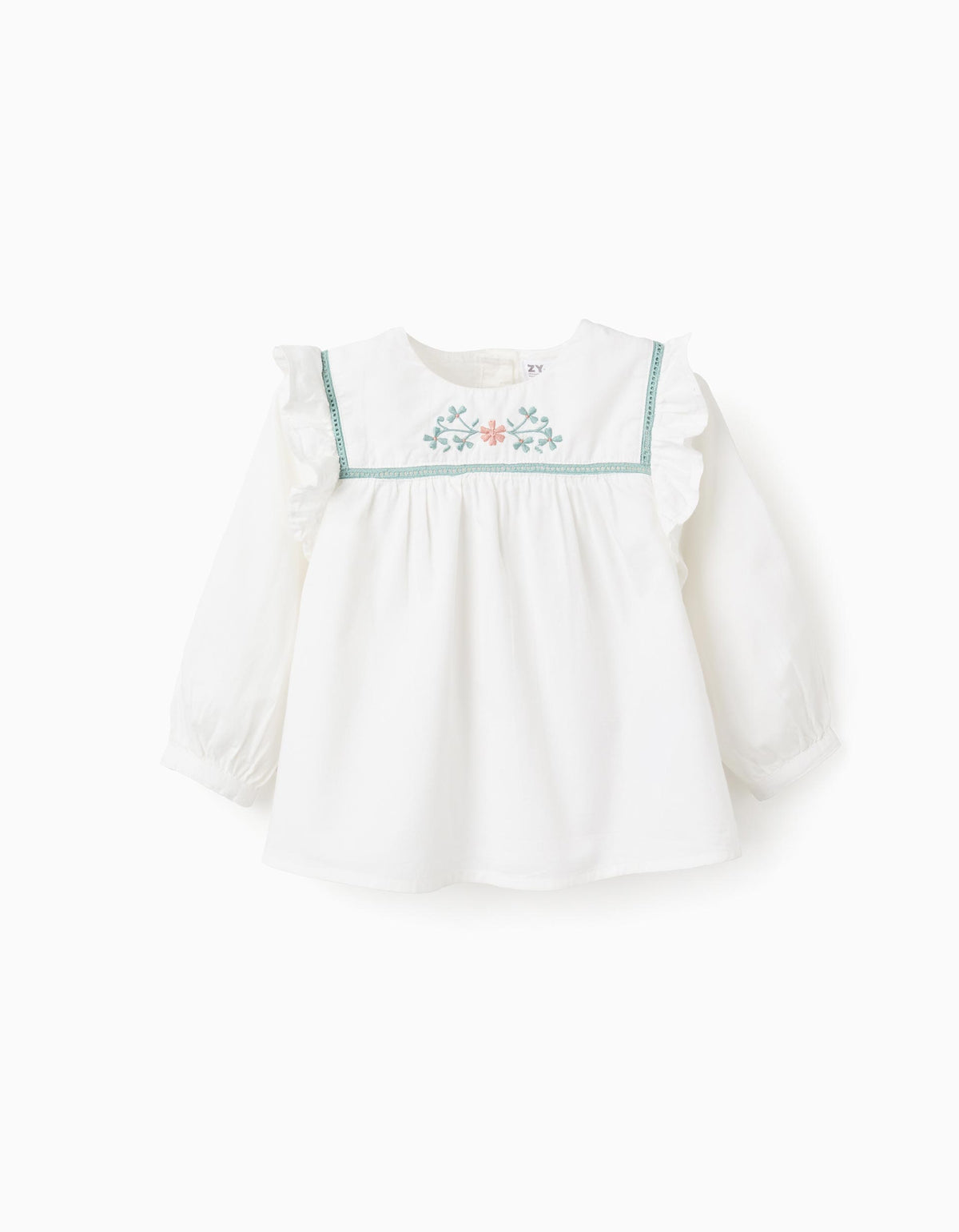 Blusa blanca de bebé con bordados florales y volantes Zippy 6‑36M