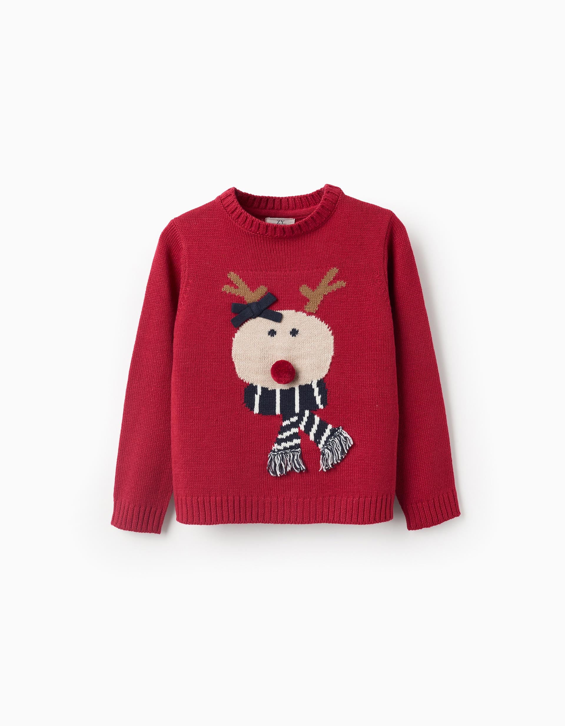 Saco navideño rojo con reno tejido y detalles tridimensionales