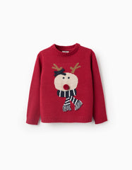 Saco navideño rojo con reno tejido y detalles tridimensionales