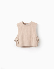 Blusa tejida beige oscuro con lazos laterales para niña