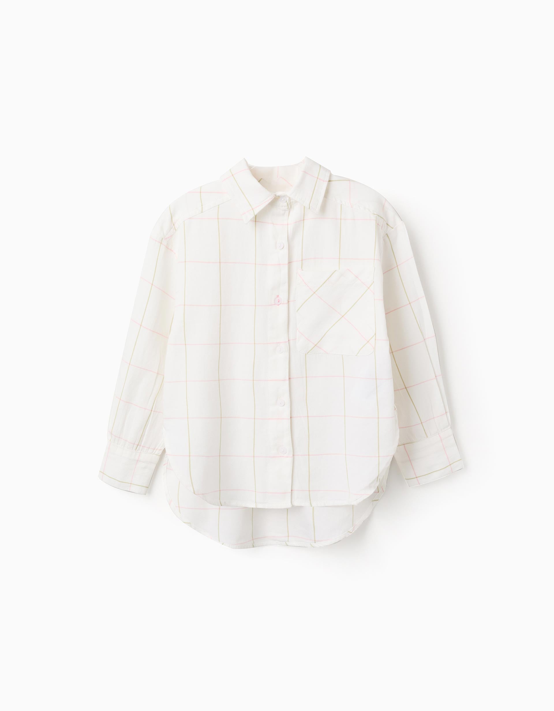 Camisa blanca infantil manga larga con cuadros en rosa y verde