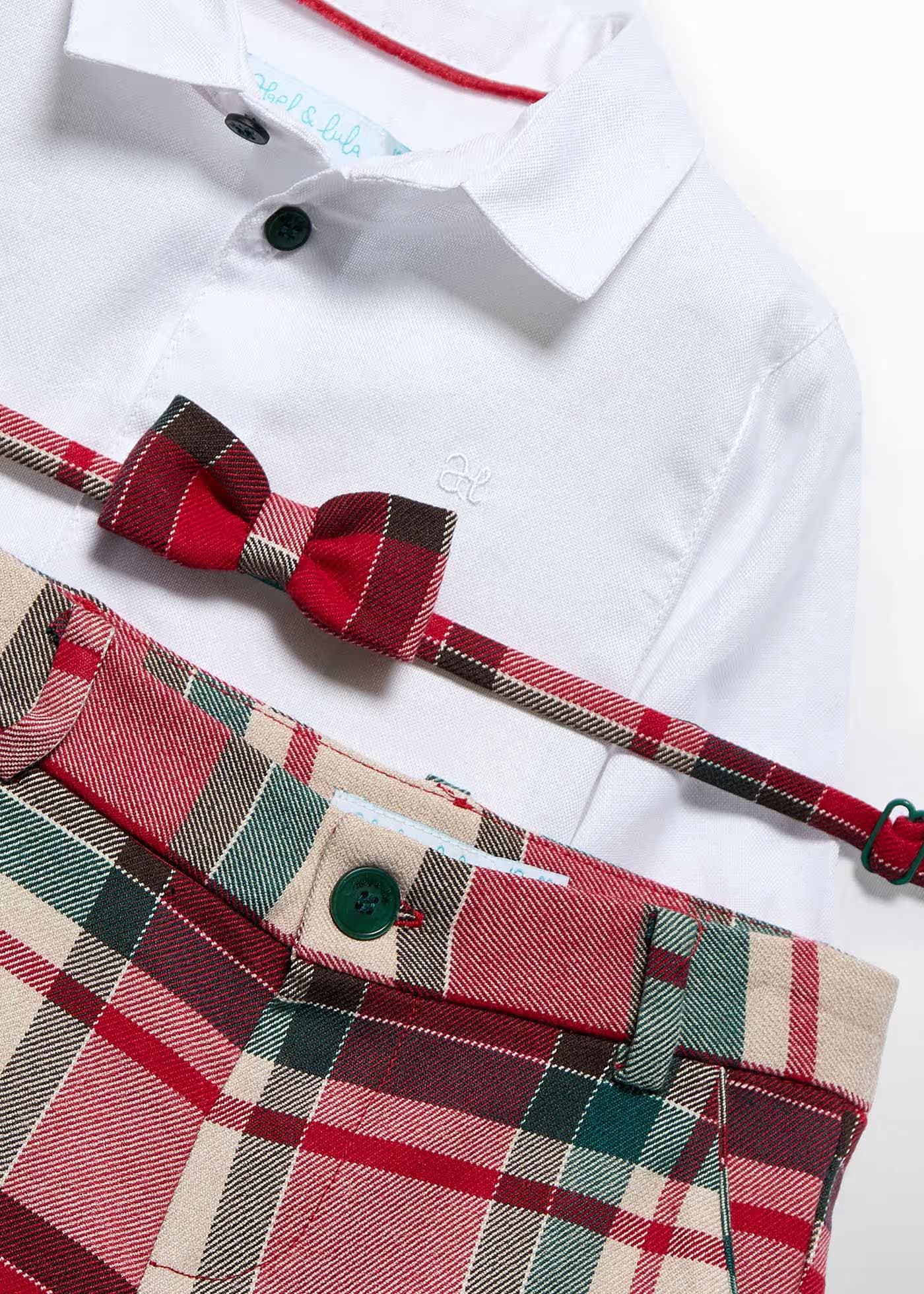 Conjunto Bermuda con Corbatín Cuadros Rojo Abel & Lula Detalle