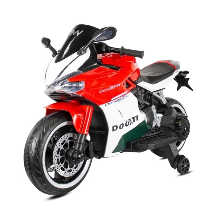 Moto eléctrica infantil 12 V roja 115×57×70 cm con ruedas auxiliares