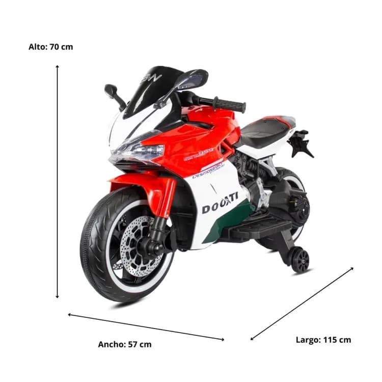 Moto eléctrica infantil color rojo con ruedas auxiliares para niños