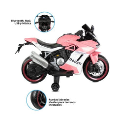 Ruedas auxiliares y asiento ergonómico de la moto rosa para niñas
