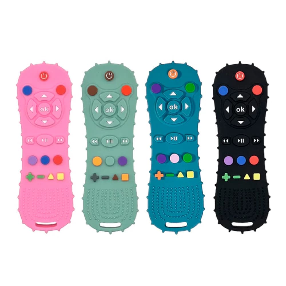 Rascaencías de silicona con forma de control remoto para bebé, colores rosa, verde, azul y negro