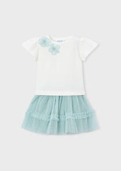 Conjunto infantil Mayoral blusa blanca y falda tul menta con flores
