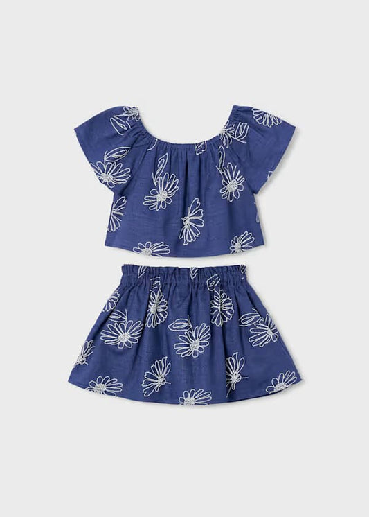Conjunto infantil azul oscuro Mayoral con blusa y falda estampado flores