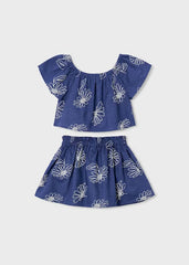 Conjunto infantil azul oscuro Mayoral con blusa y falda estampado flores