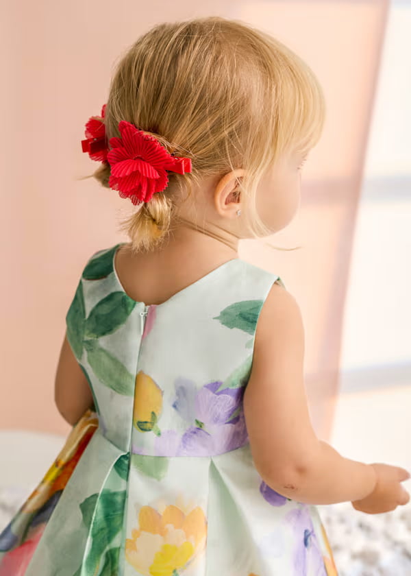 Vestido Mikado Estampado Flores Chicle Abel & Lula detalle diseño