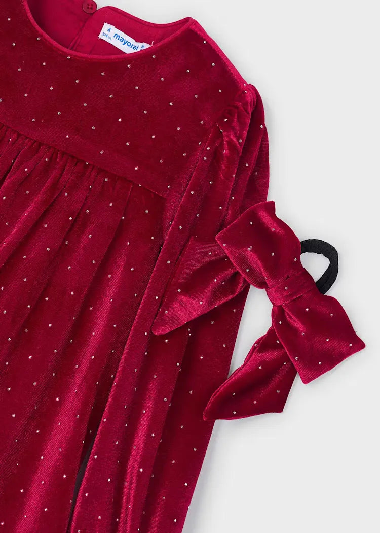 Vestido Terciopelo Brillo Con Moña Rojo Mayoral Detalle