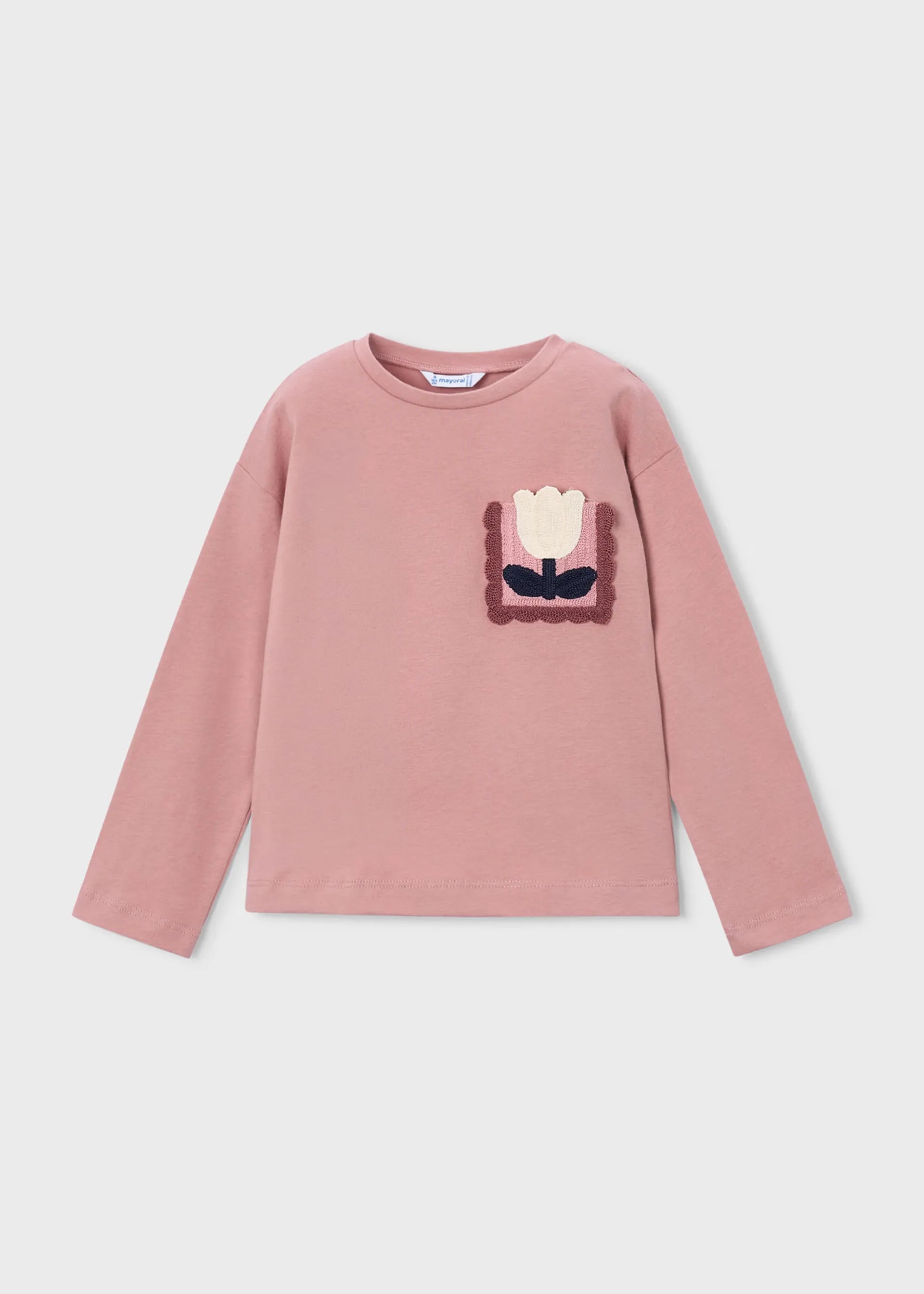 Blusa Manga Larga Bordado Flor Rosa Pastel Mayoral