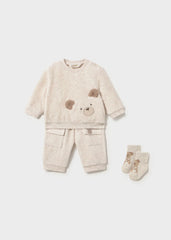 Conjunto 3 Piezas Saco Bordado Oso Beige Mayoral