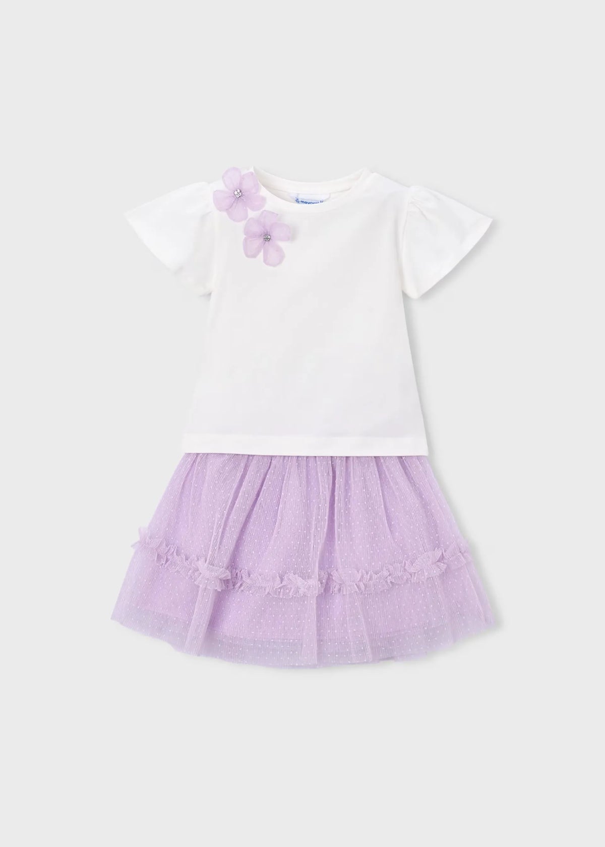 Conjunto Blusa Blanca y Falda Tul Con Flores Lila Mayoral