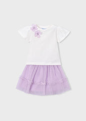 Conjunto Blusa Blanca y Falda Tul Con Flores Lila Mayoral