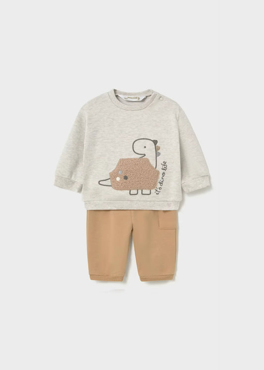 Conjunto Manga Larga Bordado Dino Friends Beige Mayoral