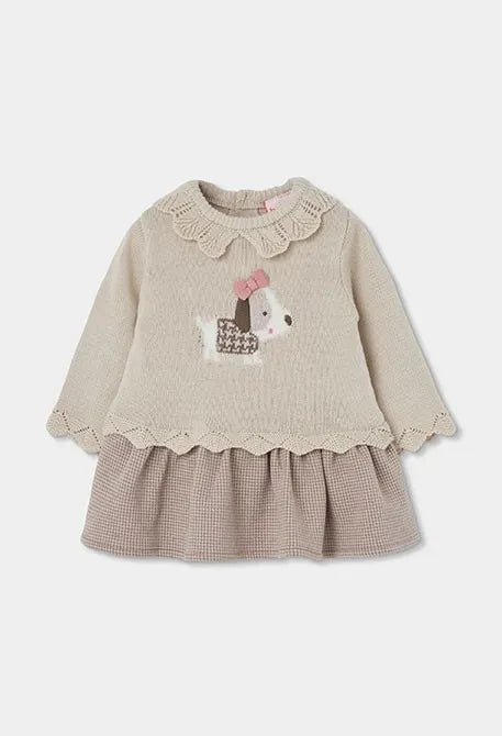 Vestido Combinado Tejido Dog Beige Boboli