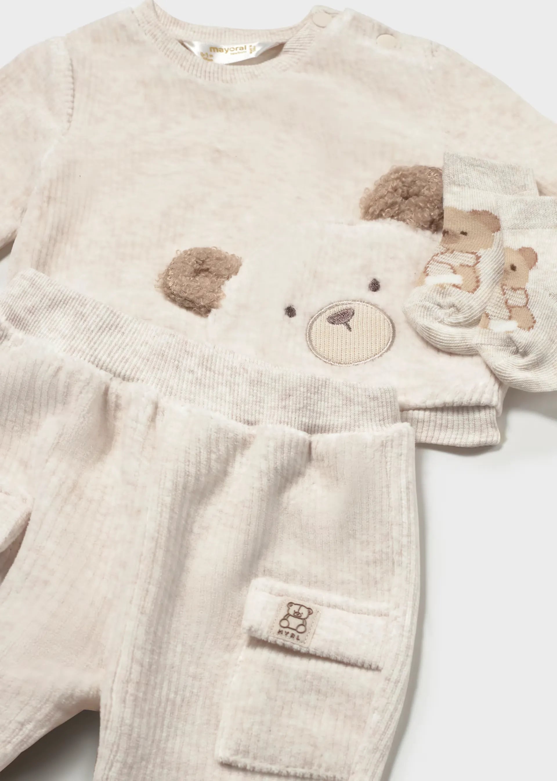 Conjunto 3 Piezas Saco Bordado Oso Beige Mayoral Detalle