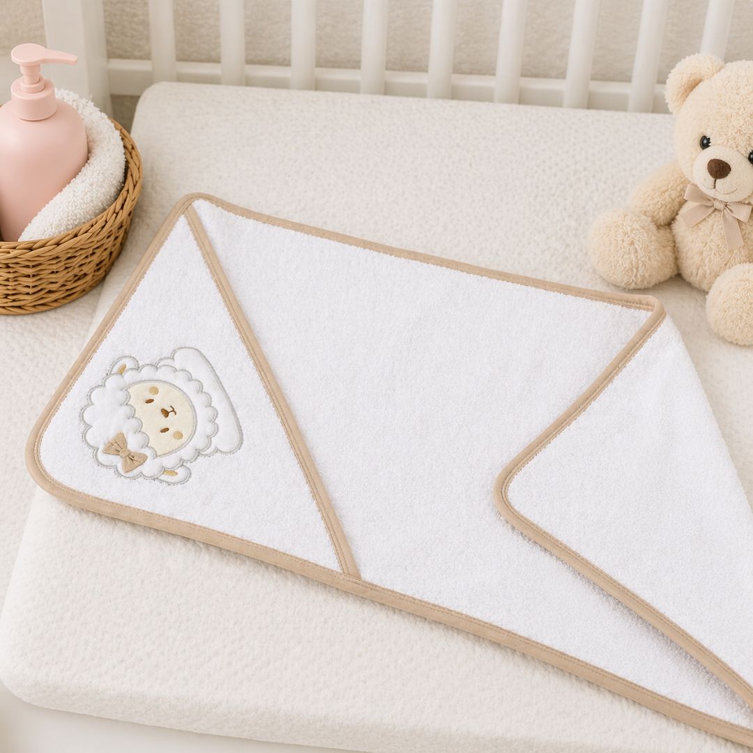 Toalla con Capota Bordado Oveja Beige