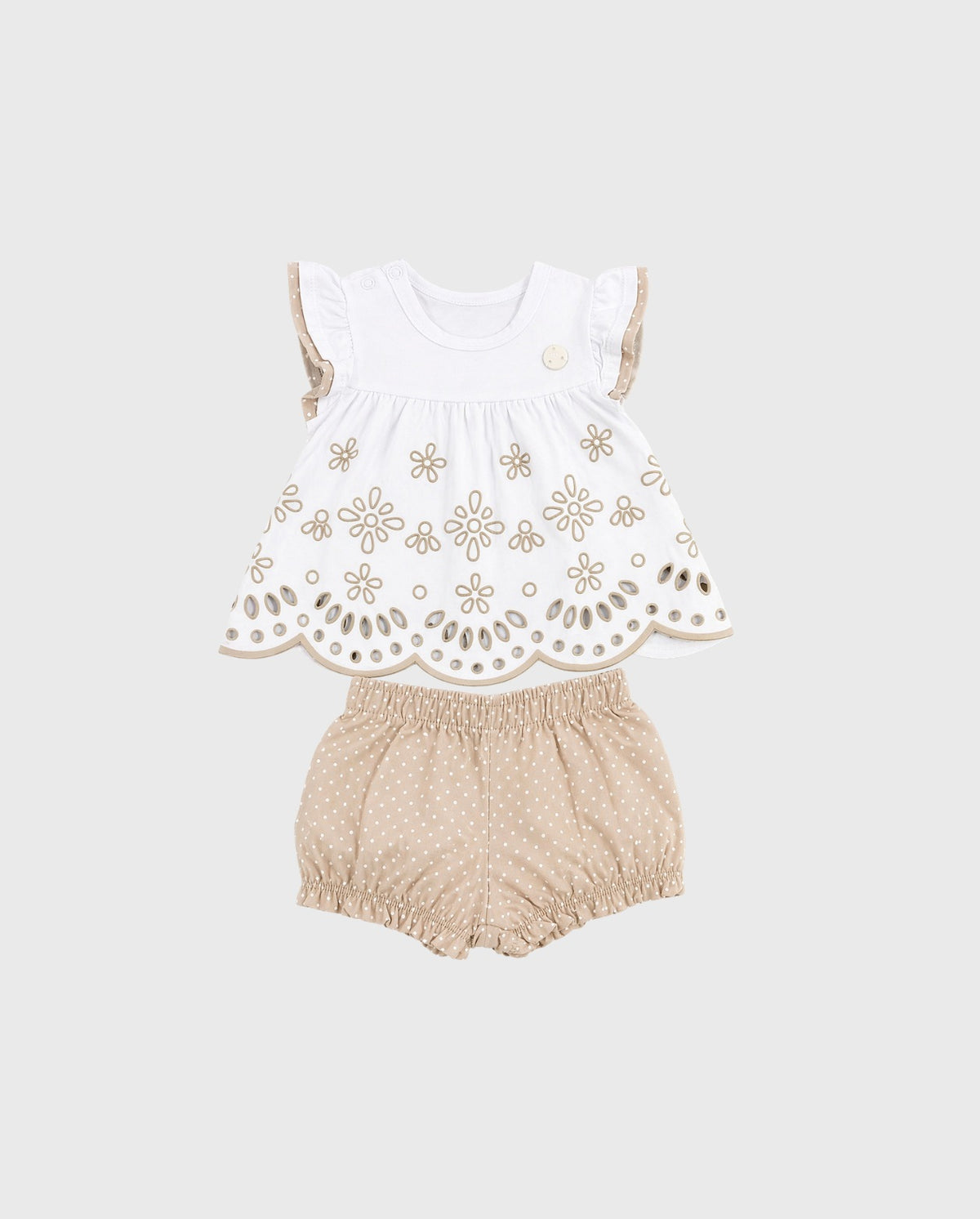 Conjunto Short Blusa Puntos Detalle Flores Beige Milon
