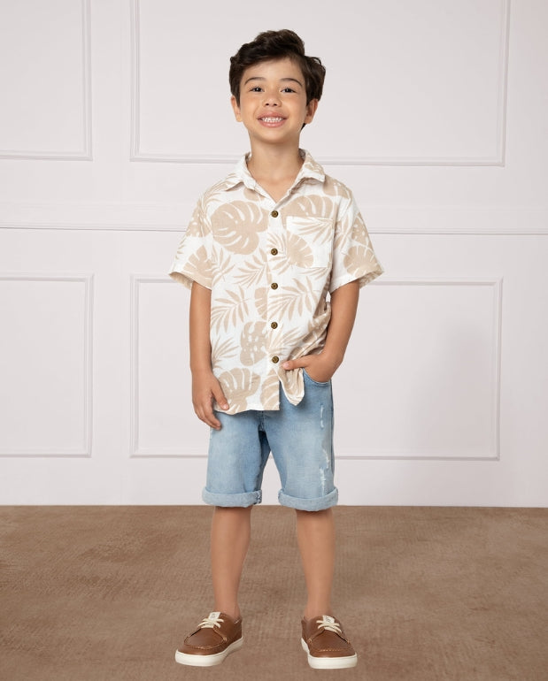 Camisa Gasa Estampado Hojas Beige Milon Modelo