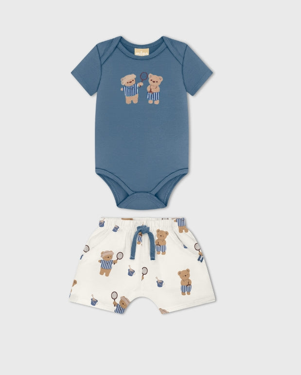 Conjunto Bermuda Bordado Oso Azul  Milon junto 