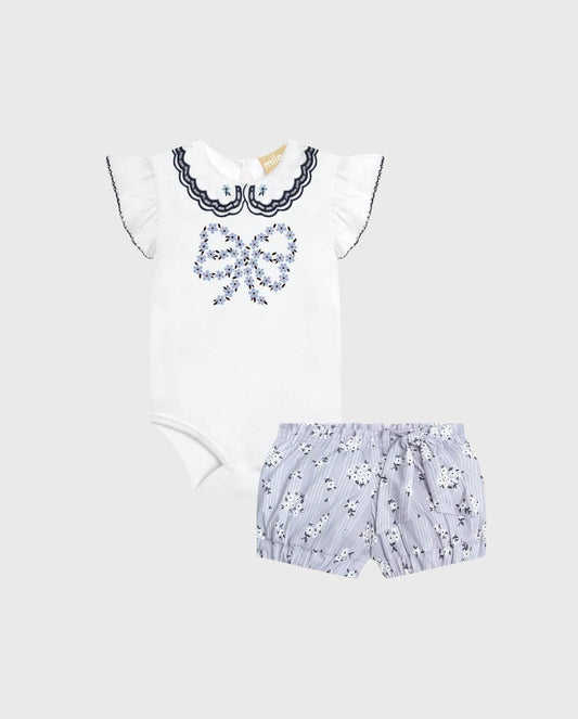 Conjunto Short y Body Moño Flores Azul Milon