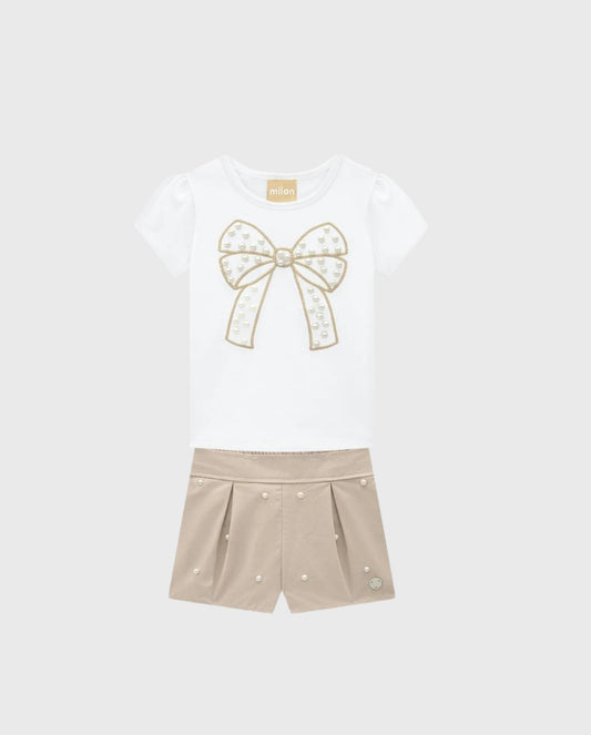 Conjunto Short Blusa Moño Perlas Beige Milon