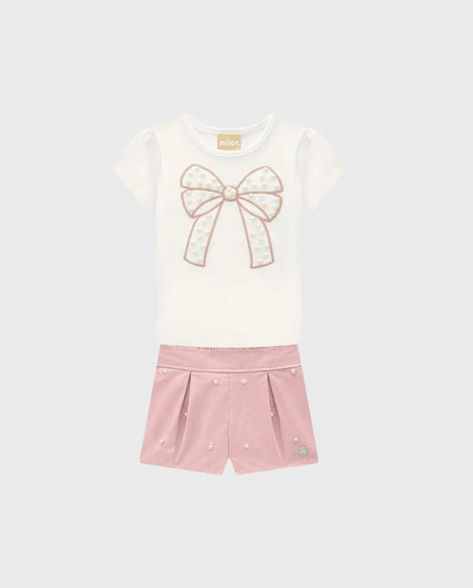 Conjunto Short Blusa Moño Perlas Rosa Milon