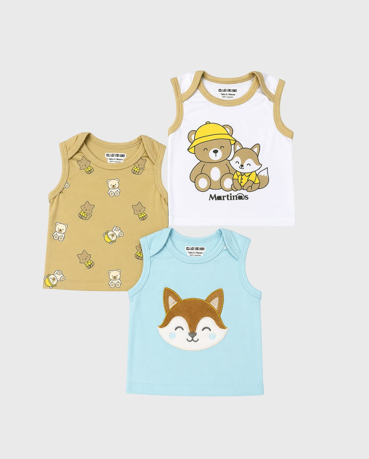 Set 3 Camisilla Bordado Zorro Azul Claro