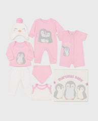 Primer Día Bordado Pingüino Flor Rosa