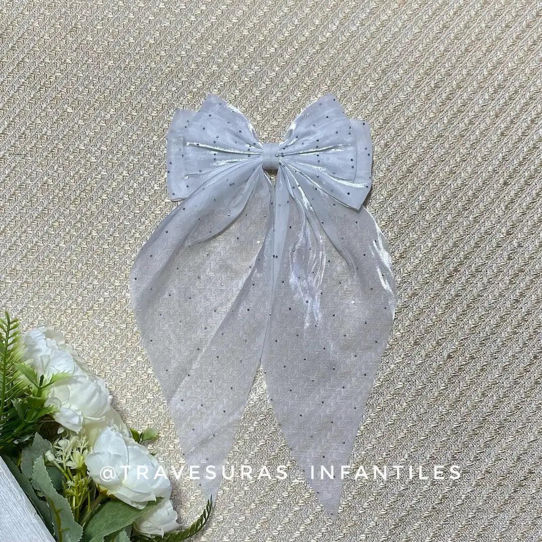 Moño Doble Seda Brillos gris