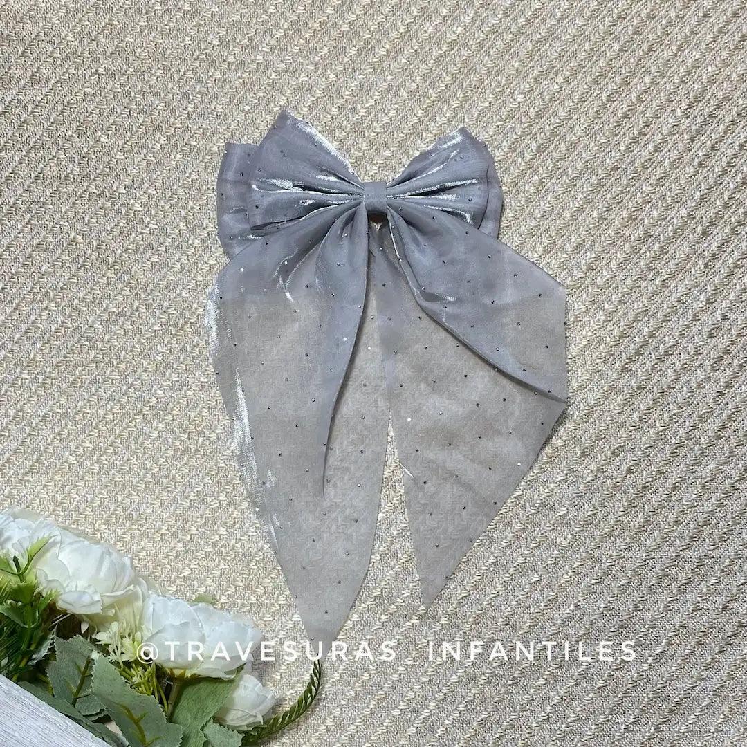 Moño Doble Seda Brillos gris