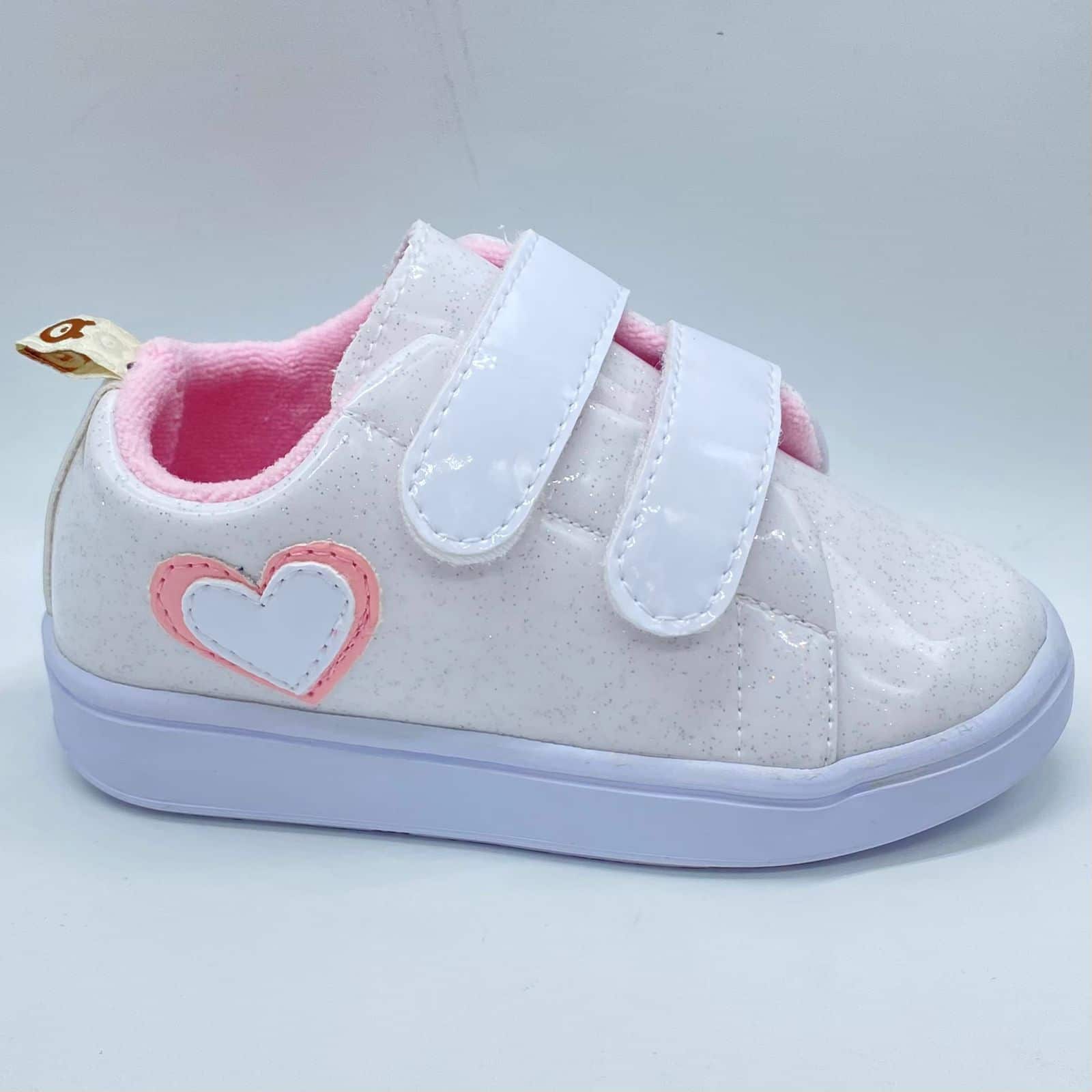 Tenis Velcro Glitter Corazón Blanco Melosos Estilo