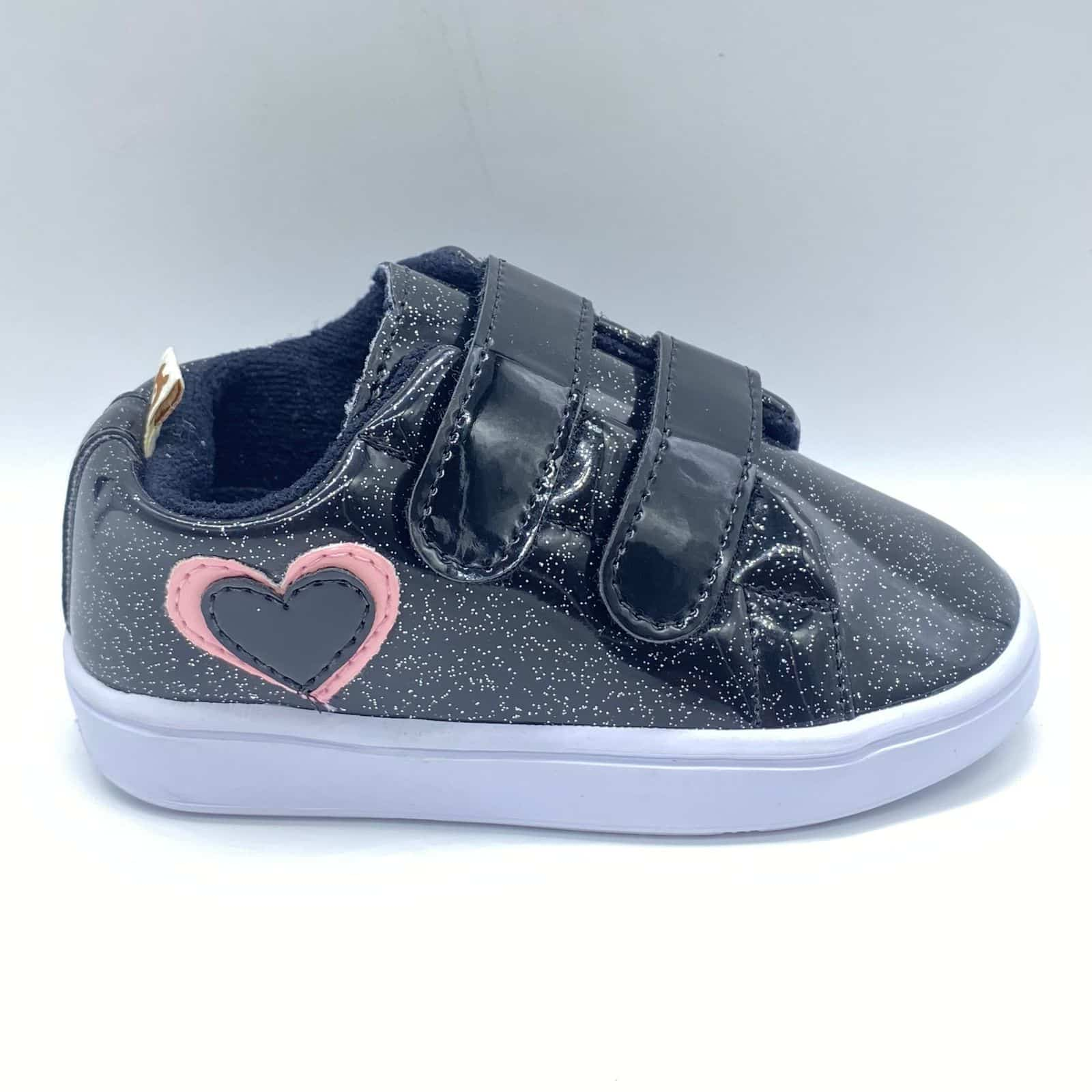 Tenis Velcro Glitter Corazón Negro Melosos Estilo