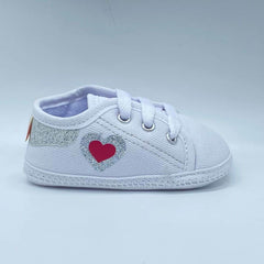 Tenis Sin Suela Blancos Corazón Glitter Huellitas Estilo