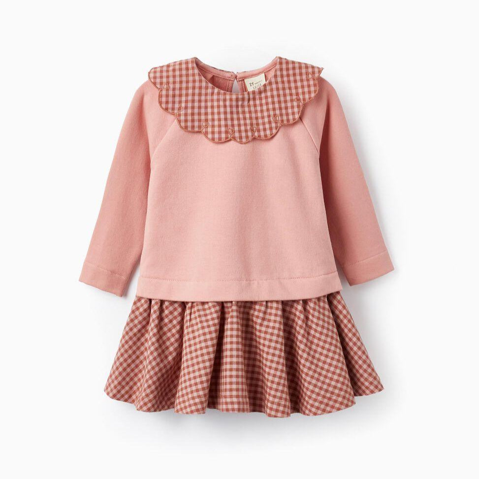 Vestido Manga Larga Cuadros rosa