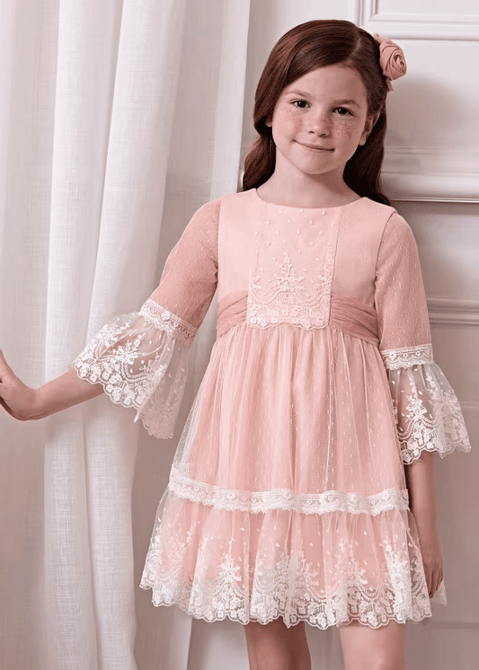 Vestido Tul Puntitos Bordado Rosa