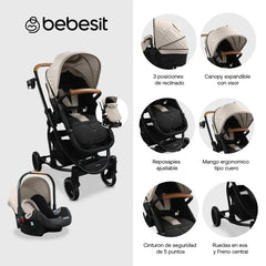 Coche Moisés Con Porta Bebé Travel System Prima Beige Bebesit