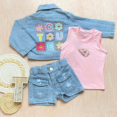 Conjunto 3 Piezas Chaqueta Cute Denim Rosa