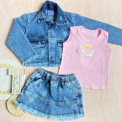 Conjunto 3 Piezas Denim Estrellas Queen Rosa