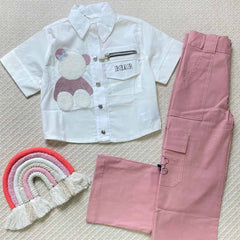 Conjunto Pantalon Bolsillo Oso Niñña Blanco