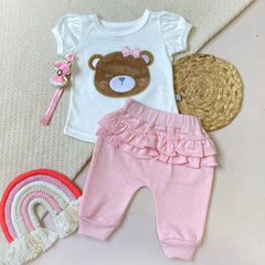 Conjunto Para Bebé Niña Blusa Oso con Balaca Rosa 