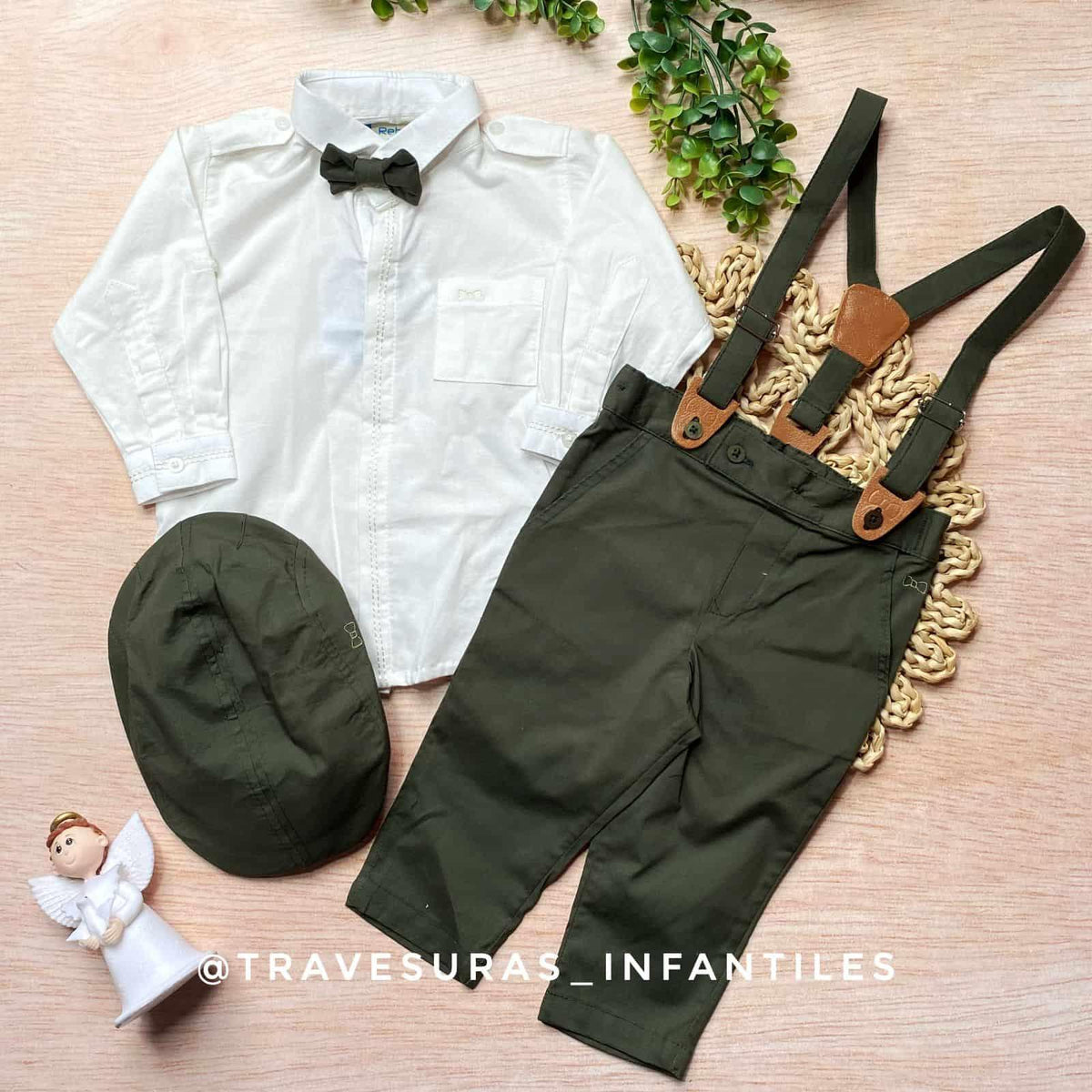Conjunto 5 Piezas Bautizo Elegante Verde Militar para Ceremonia