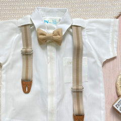 Traje De Ceremonia Bermuda Detalle Rayas Beige Camisa