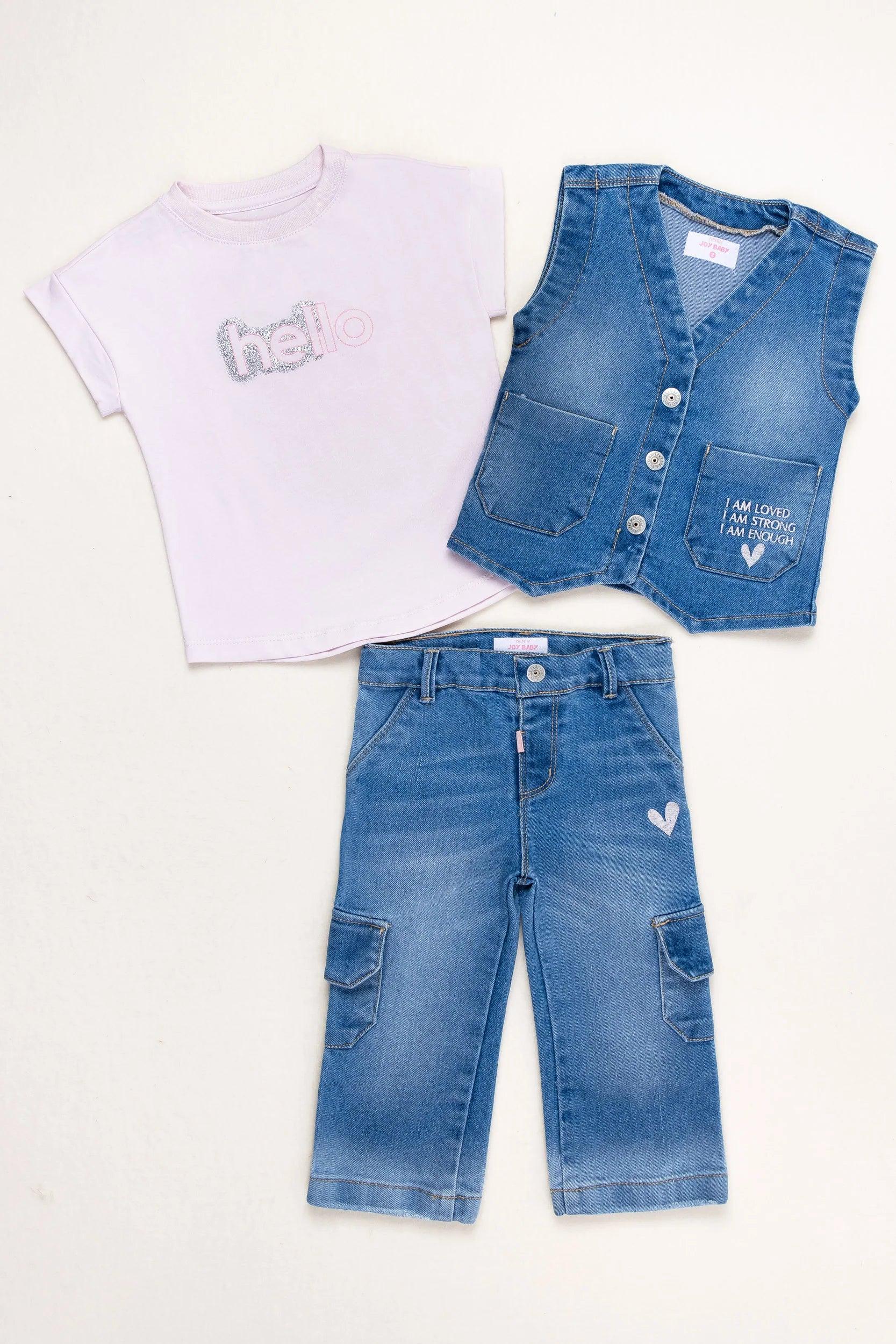 Conjunto 3 Piezas Chaleco Denim Joy Baby Blanco
