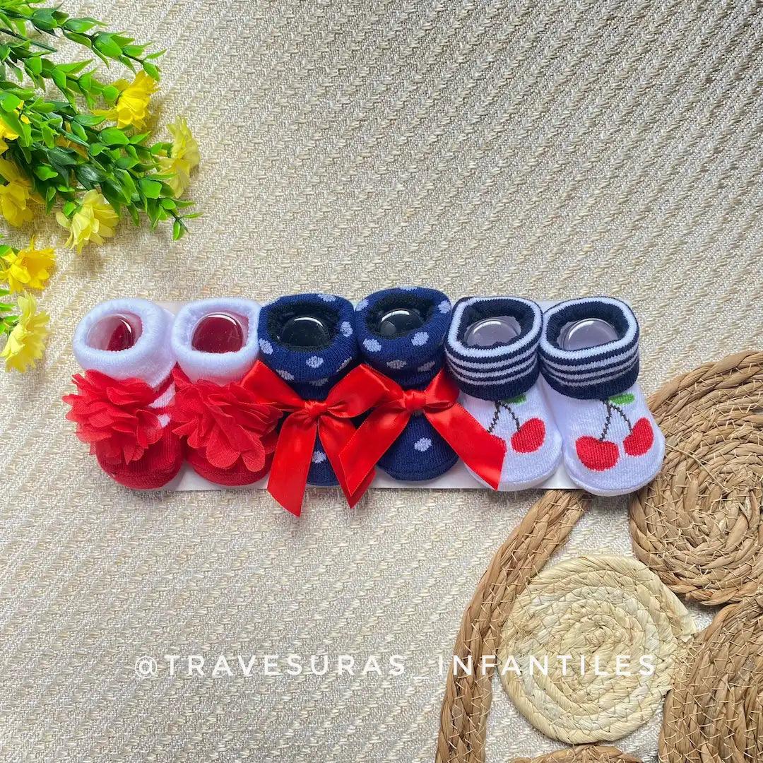 Set 3 Pares De Medias Doblez Estampado Con Moño Niña Cereza